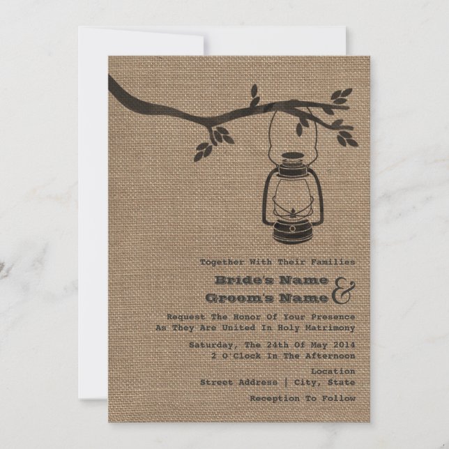 Burlap Inspired Outdoor / Camping Wedding Invitation (Front)