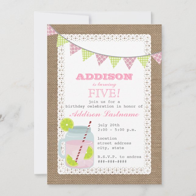 Burlap Inspired Pink Lemonade & Lime Birthday Invitation (Front)
