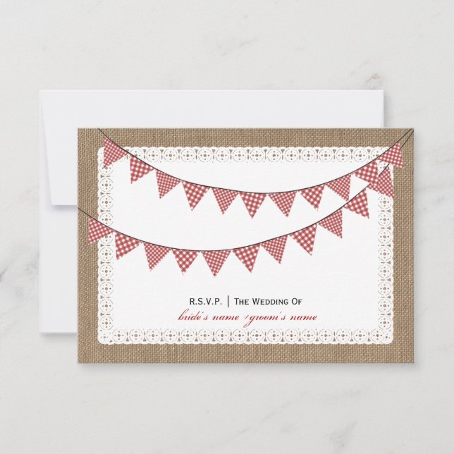 Burlap Inspired Red Gingham Bunting RSVP Card (Front)