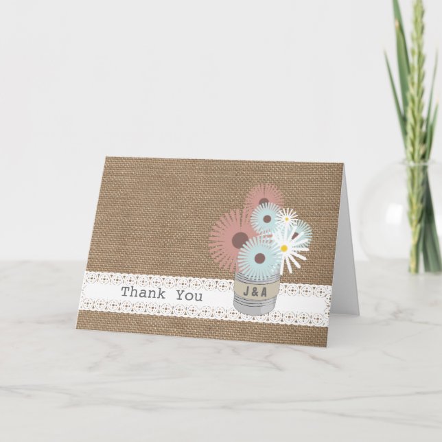Burlap Inspired Tin Can Monogram Thank  You Card (Front)