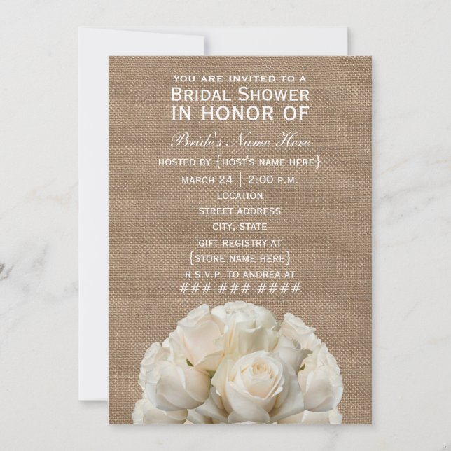 Burlap Inspired White Roses Bridal Shower Invite (Front)