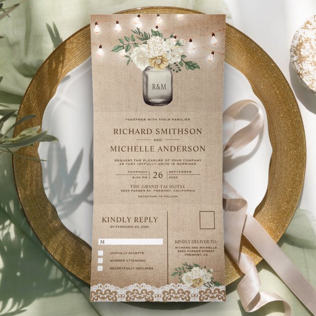 Burlap Ivory Floral Mason Jar String Light Wedding Tri-Fold Invitation (Creator Uploaded)