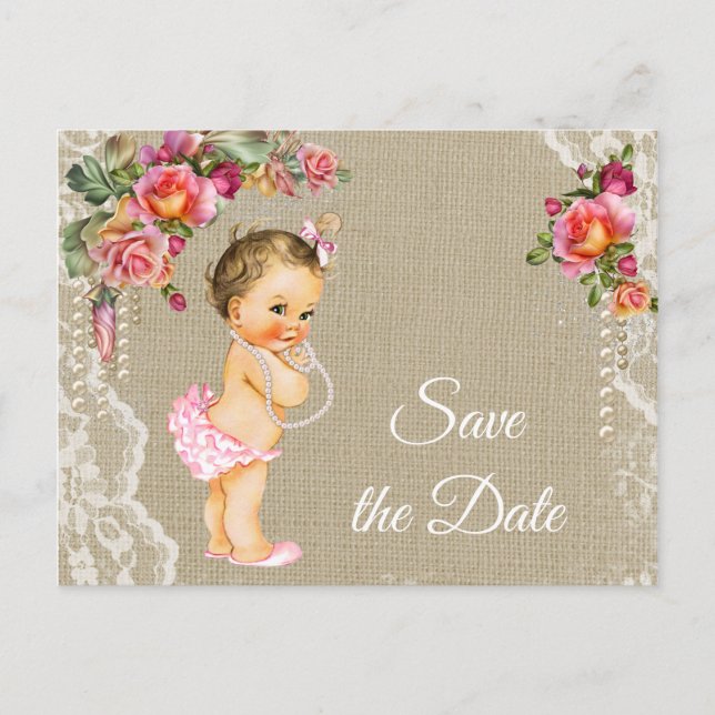 Burlap Lace Baby Shower Save the Date Postcards (Front)