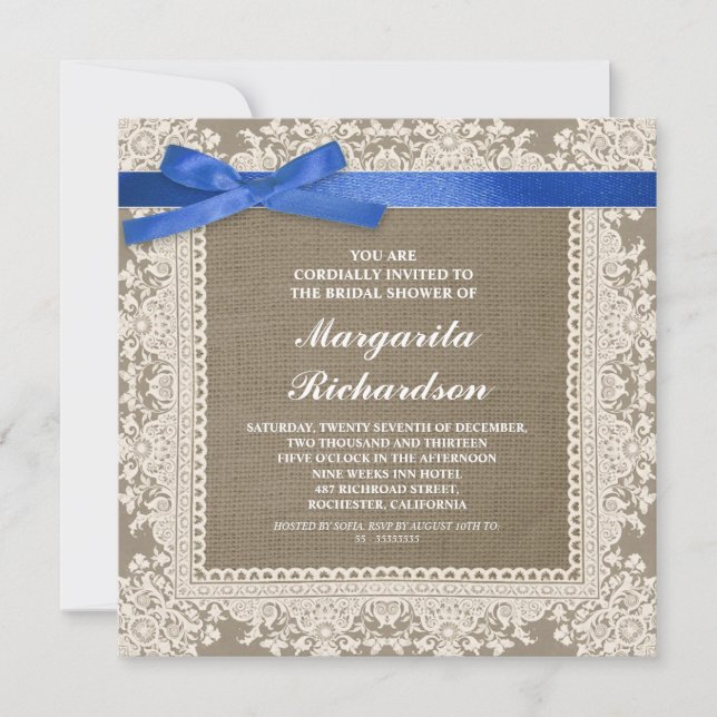 burlap lace & blue ribbon bridal shower invites (Front)