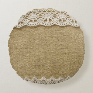 Burlap, lace fabric texture. round cushion