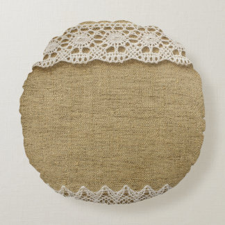 Burlap, lace fabric texture. round cushion