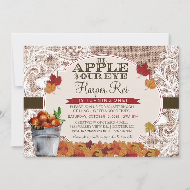 Burlap & Lace Fall Apple Birthday Party Invitation (Front)