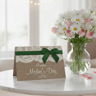 Burlap, Lace & Green Bow Happy Mother's Day Card
