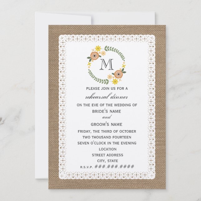 Burlap & Lace Inspired Fall Rehearsal Dinner Invitation (Front)