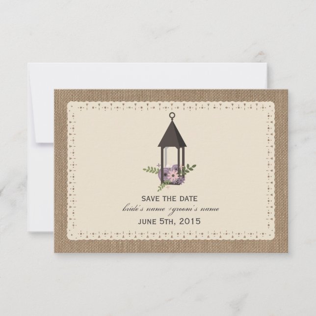 Burlap Lace Inspired Floral Lantern Save The Date (Front)