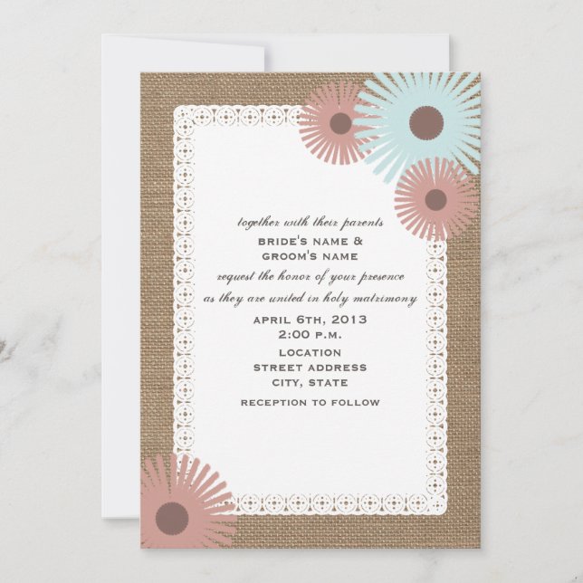 Burlap & Lace Inspired Floral Wedding Invitation (Front)