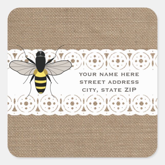 Burlap & Lace Inspired Honey Bee Address Square Sticker (Front)