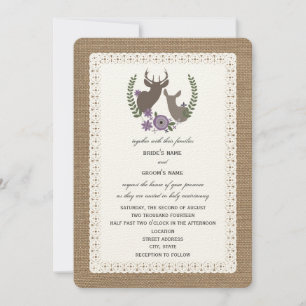 Burlap + Lace Inspired Purple Floral Buck + Doe Invitation