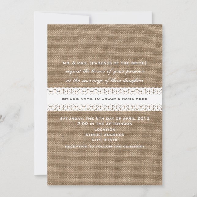 Burlap & Lace Inspired Wedding Invitation (Front)
