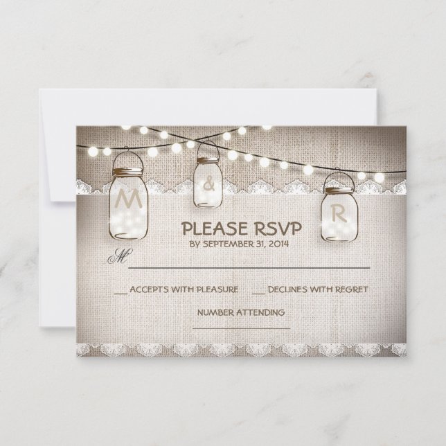 burlap lace lights & mason jar wedding RSVP card (Front)