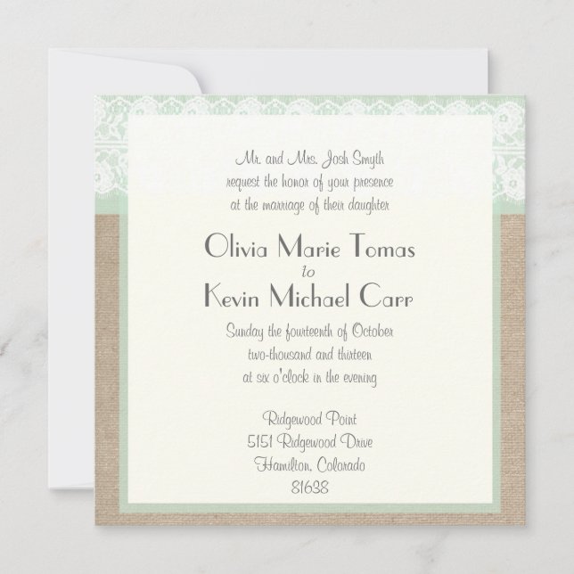Burlap & Lace Mint Customisable Wedding Invitation (Front)