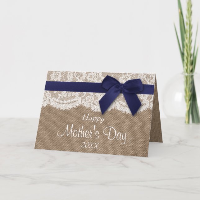 Burlap, Lace & Navy Bow Happy Mother's Day Card (Front)