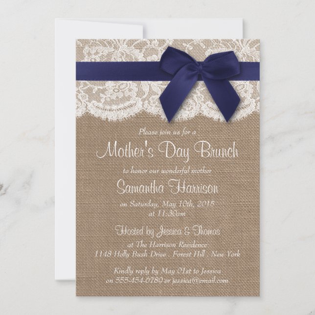 Burlap, Lace & Navy Bow Mother's Day Brunch Invitation (Front)