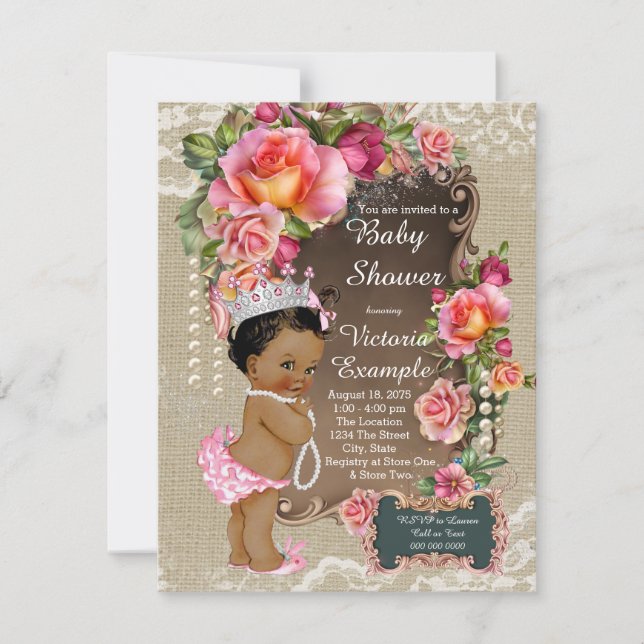 Burlap Lace Pearl Ethnic Princess Baby Shower Invitation (Front)