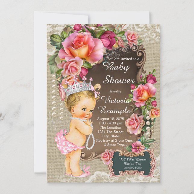 Burlap Lace Pearl Princess Baby Shower Rustic Chic Invitation (Front)