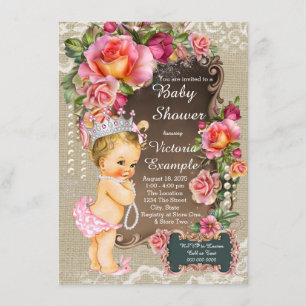 Burlap Lace Pearl Princess Baby Shower Rustic Chic Invitation