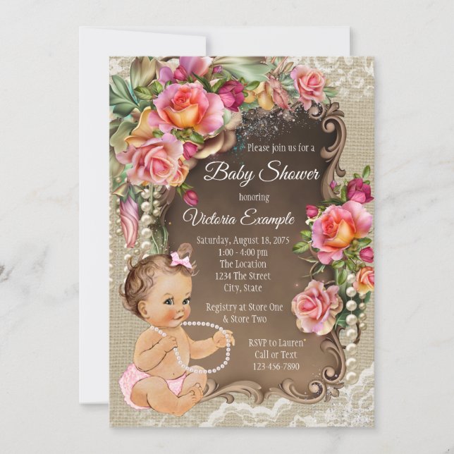 Burlap Lace Pearl Rustic Baby Shower Invitations (Front)