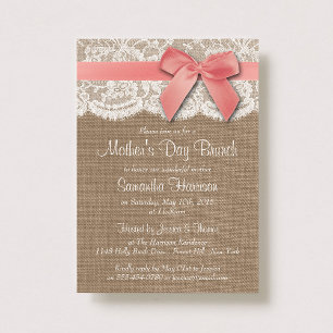 Burlap, Lace & Pink Bow Mother's Day Brunch Invitation