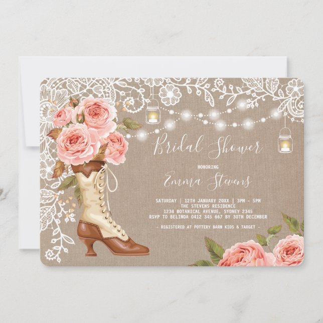 Burlap & Lace Pink Floral Bridal Shower Chic Boots Invitation (Front)