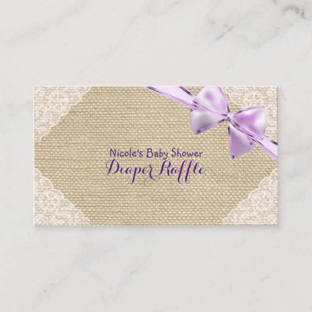 Burlap & Lace Purple Bow Baby Shower Diaper Raffle Enclosure Card (Front)
