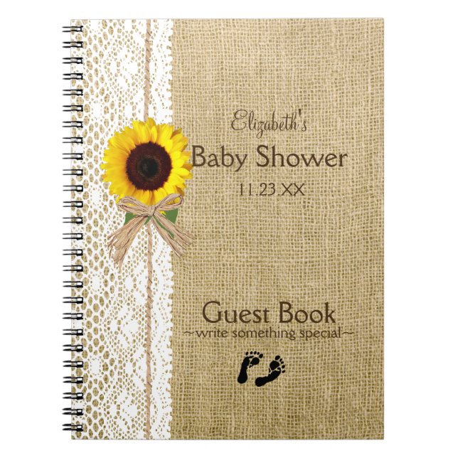 Burlap Lace Raffia Sunflower Image Guest Book (Front)