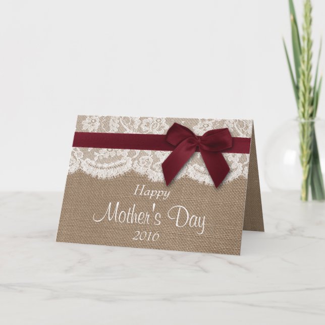 Burlap, Lace & Red Bow Happy Mother's Day Card (Front)