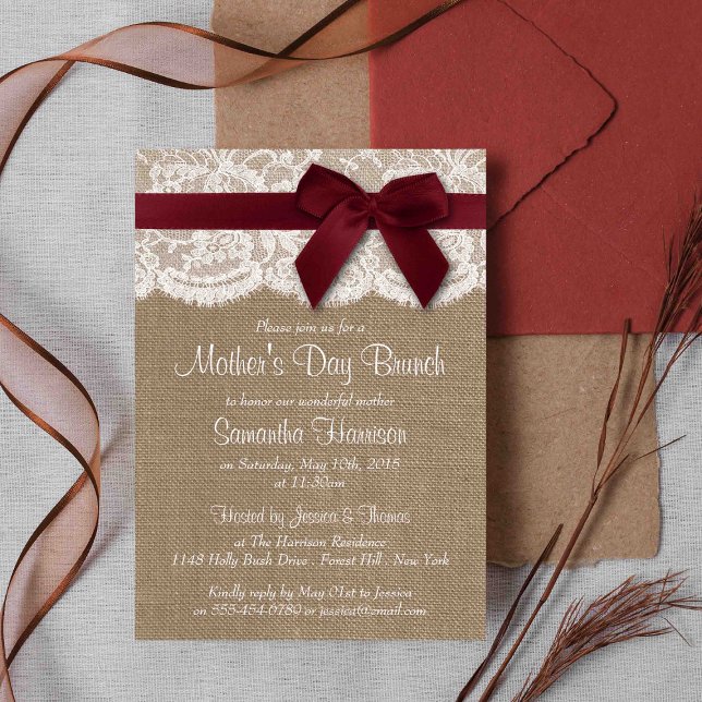 Burlap, Lace & Red Bow Mother's Day Brunch Invitation (Creator Uploaded)