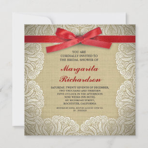 burlap lace & red ribbon bridal shower invites