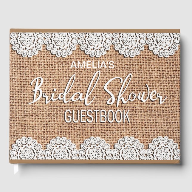 Burlap Lace Rustic Bridal Shower Guestbook (Front)