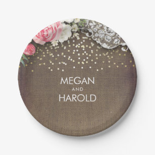 Burlap Lace Rustic Country Floral Wedding Paper Plate