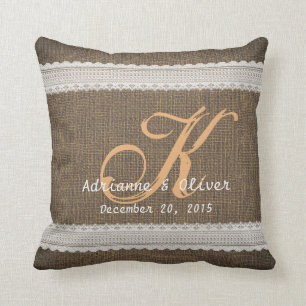 Burlap Lace Rustic Country Wedding Monogram Cushion
