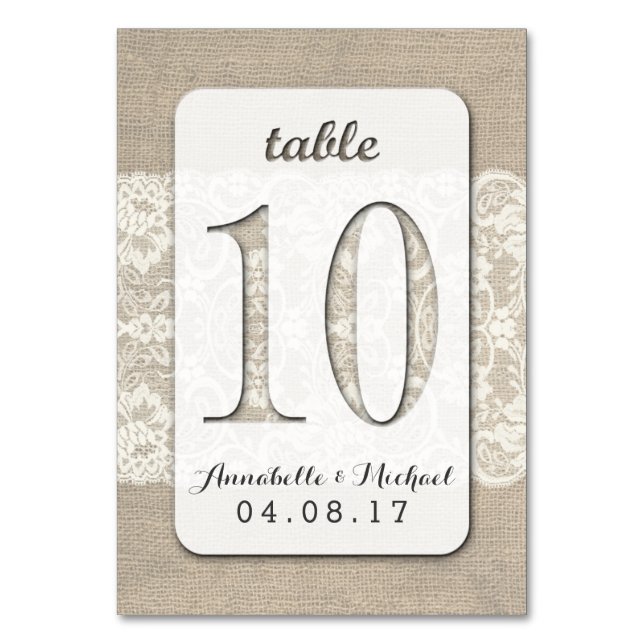 Burlap Lace Rustic Wedding Table Number Card 10 (Front)