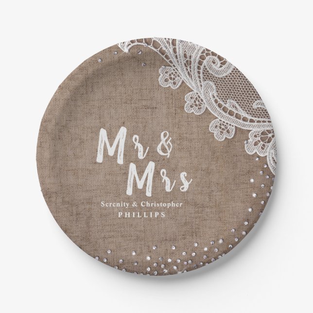 Burlap Lace silver glitter Mr & Mrs rustic wedding Paper Plate (Front)