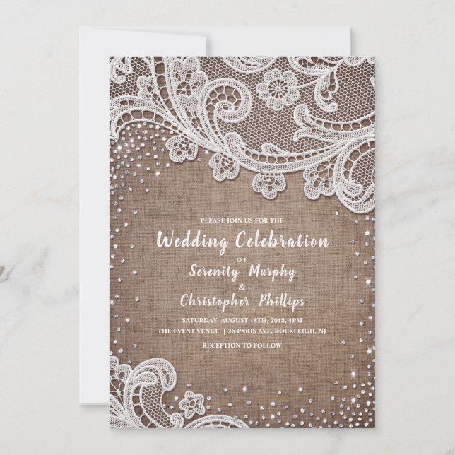 Burlap Lace silver glitter rustic country Wedding Invitation (Front)