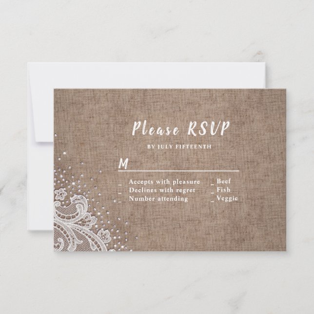 Burlap Lace silver glitter rustic Wedding RSVP Card (Front)