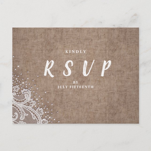 Burlap Lace silver glitter rustic Wedding RSVP Invitation Postcard (Front)