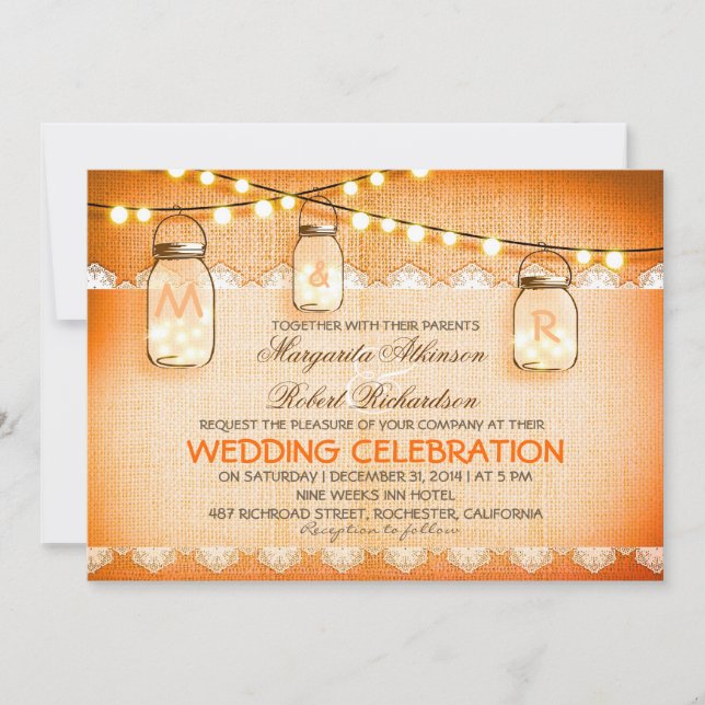 burlap lace string lights and mason jars wedding invitation (Front)