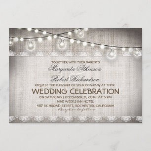burlap lace string lights & light bulbs wedding invitation
