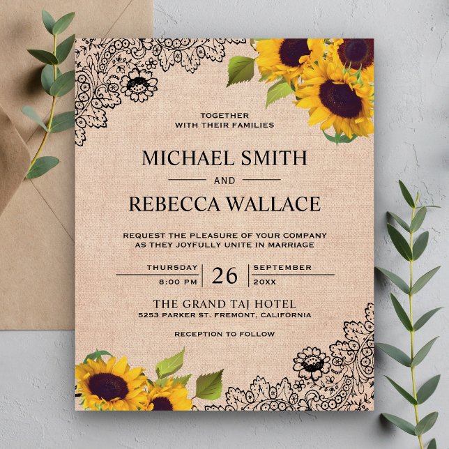 Burlap Lace Sunflower Budget Wedding Invitation (Creator Uploaded)