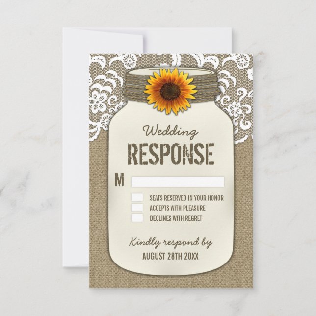 Burlap Lace Sunflower Mason Jar Wedding RSVP Cards (Front)