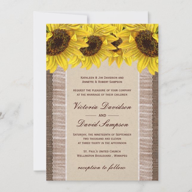 Burlap, Lace Sunflower Wedding Invitation (Front)