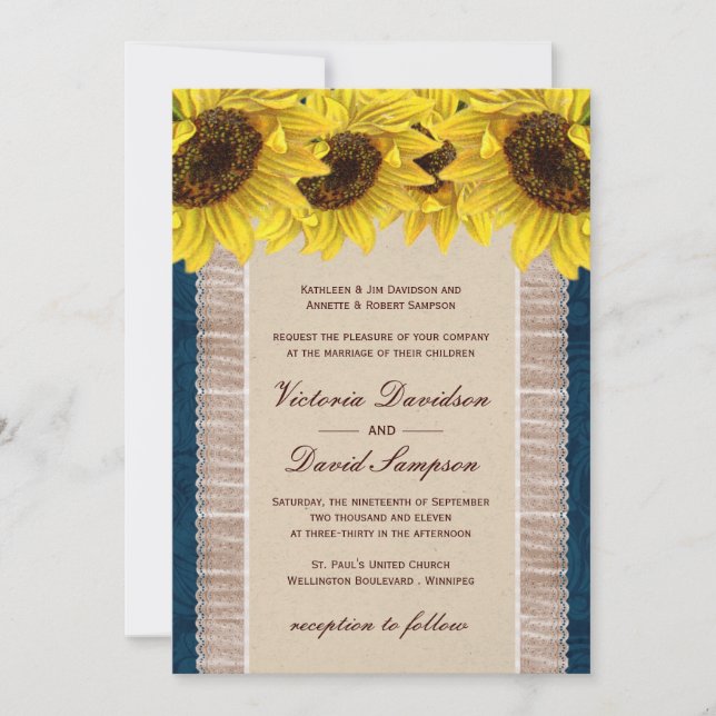 Burlap, Lace Sunflower Wedding Invitation (Front)