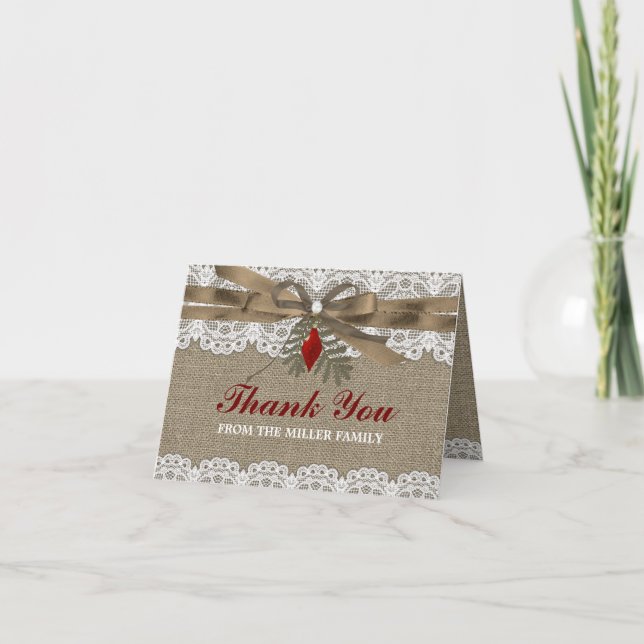 Burlap & Lace Vintage Christmas Thank You Card (Front)