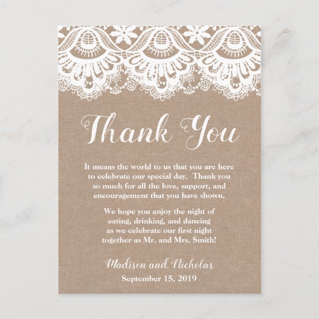 Burlap Lace Wedding Place Setting Thank You Cards (Front)