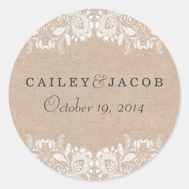 Burlap & Lace Wedding Sticker (Front)